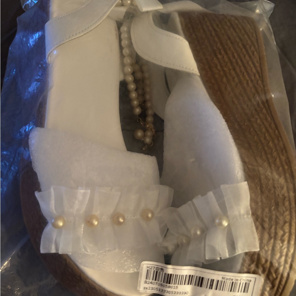 White Wedge Sandals with Pearl Accents
